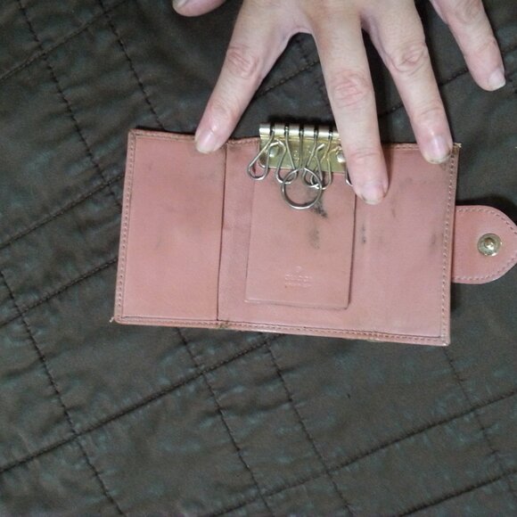 Vintage Gucci Key Holder Gold Heart Monogram Canvas Denim Tan Pink Snap - Picture 4 of 15